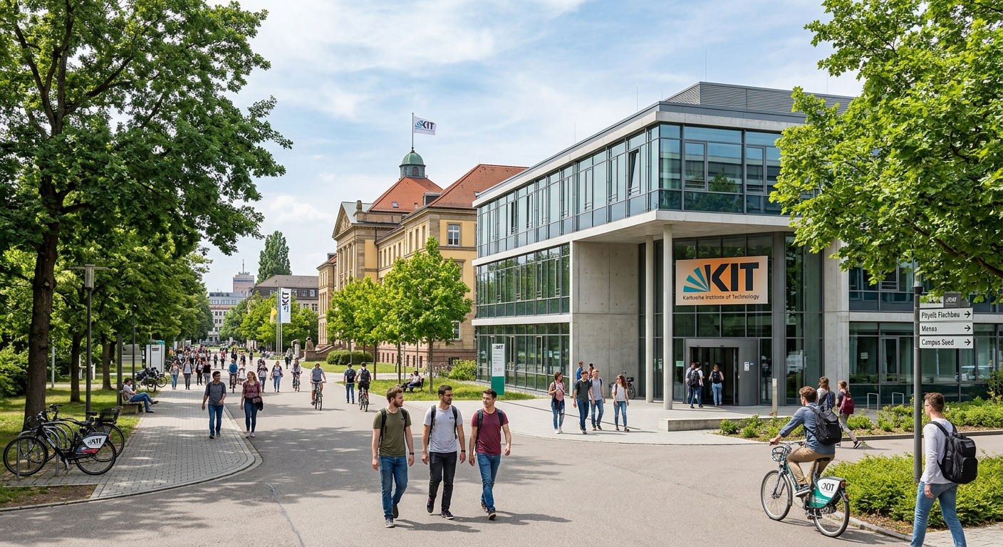 Karlsruhe Institute of Technology campus with modern physics building, students walking along tree-lined paths, KIT logo visible, bright European university atmosphere with classical and contemporary architecture in Karlsruhe, Germany