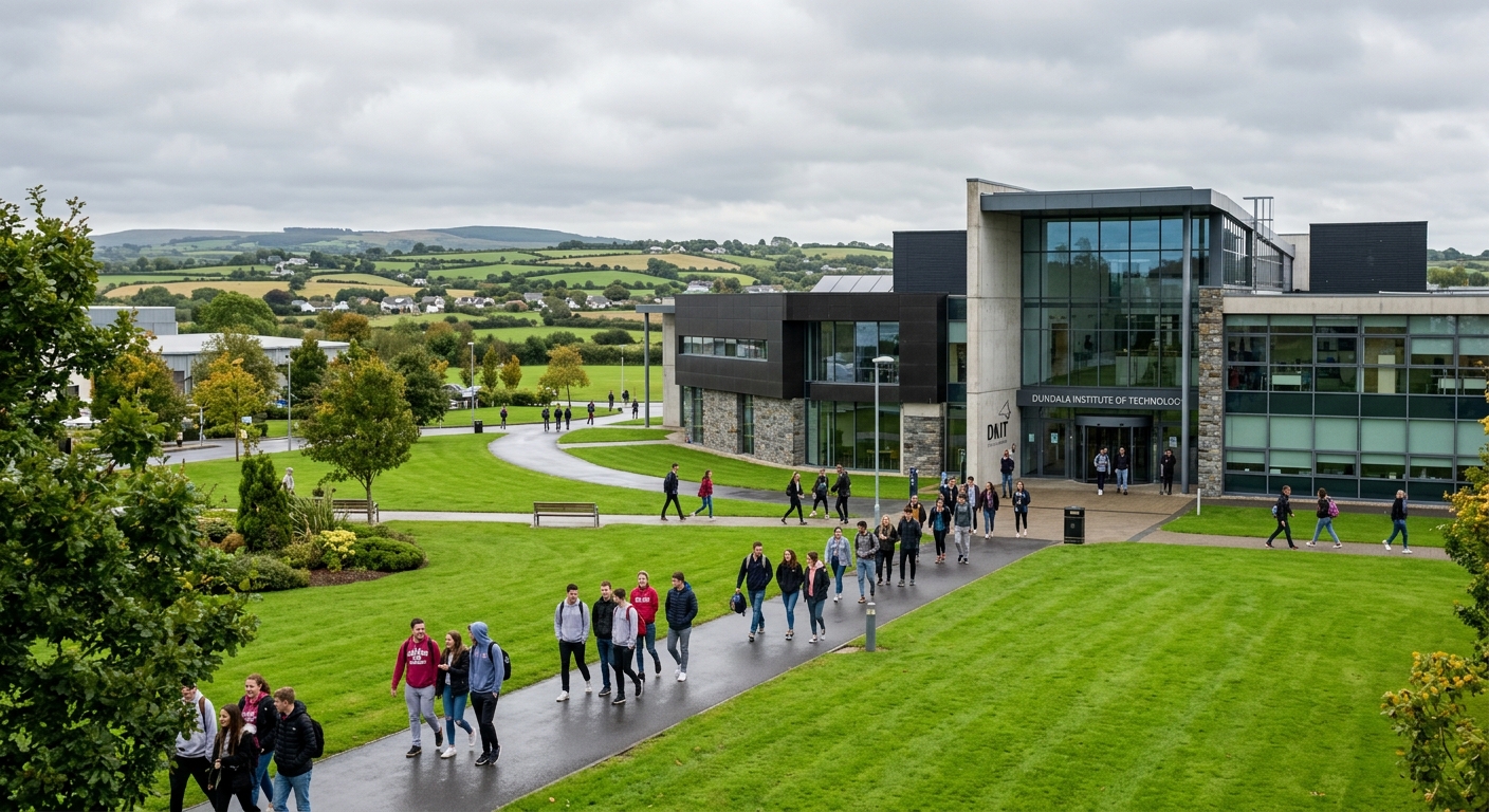 Modern campus building at Dundalk Institute of Technology with green lawns, students walking along pathways, Irish countryside visible in background, overcast sky typical of County Louth Ireland