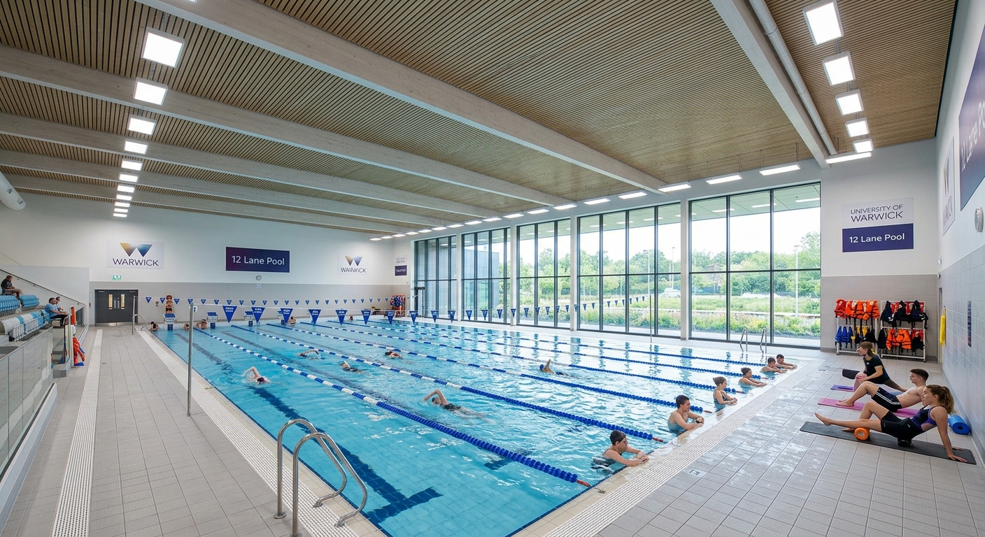 University of Warwick Sports and Wellness Hub interior, modern swimming pool with 12 lanes, glass walls, students swimming and exercising, bright LED lighting