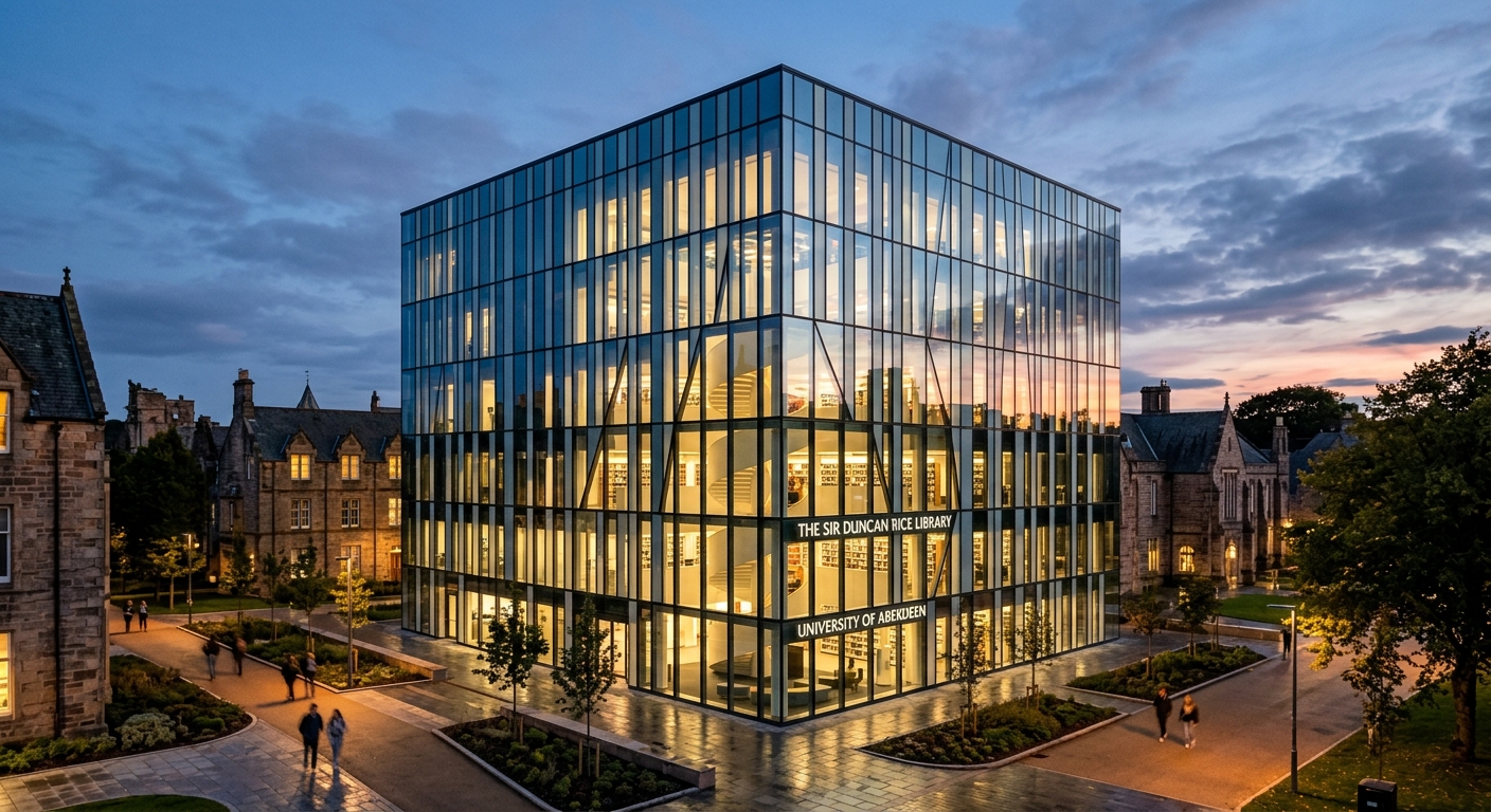 Sir Duncan Rice Library modern glass cube building, seven stories of reflective glass panels, contemporary architecture contrasting with traditional campus, evening lighting