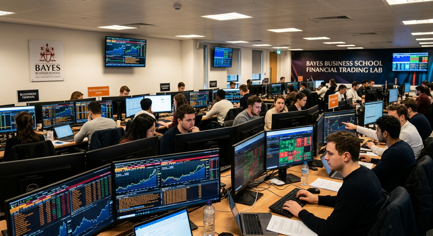 Bloomberg and Reuters trading room at Bayes Business School, multiple screens displaying live market data, students practising trading simulations