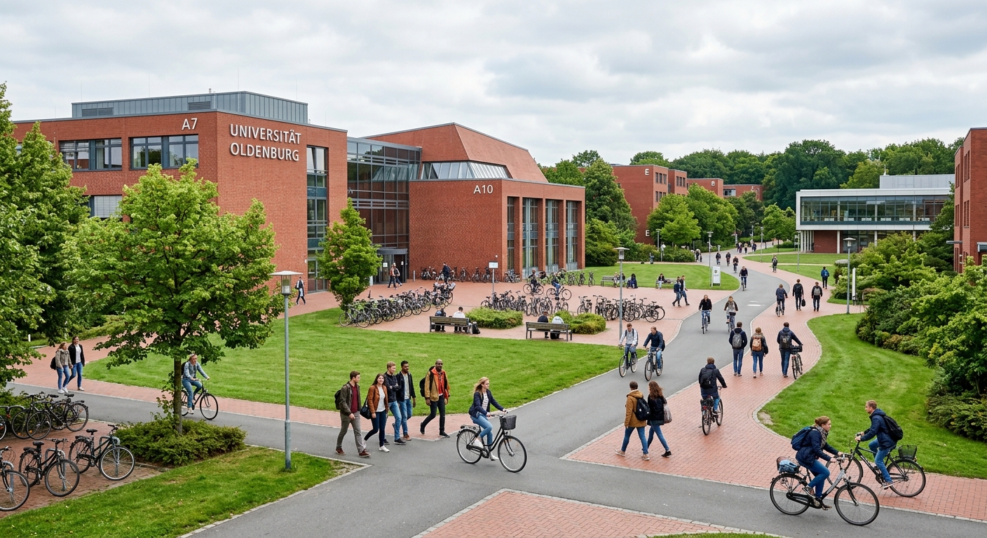Modern university campus at the University of Oldenburg in Lower Saxony Germany, red-brick academic buildings surrounded by green lawns and trees, students walking along pathways with bicycles, bright overcast sky typical of northern Germany