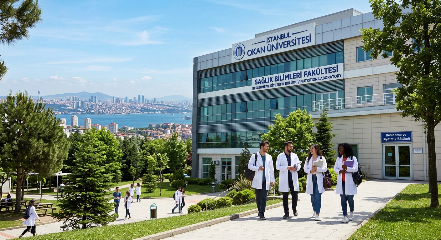 Modern health sciences building at Istanbul Okan University Tuzla campus, students in white lab coats walking near nutrition laboratory, green campus grounds with Istanbul skyline in the background, bright daylight