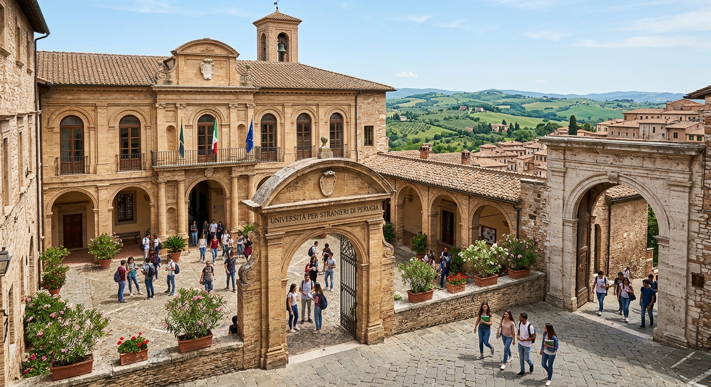 Historic stone building of the University for Foreigners of Perugia with arched entrance, students walking in sunlit courtyard, medieval Italian architecture, green hills of Umbria in background