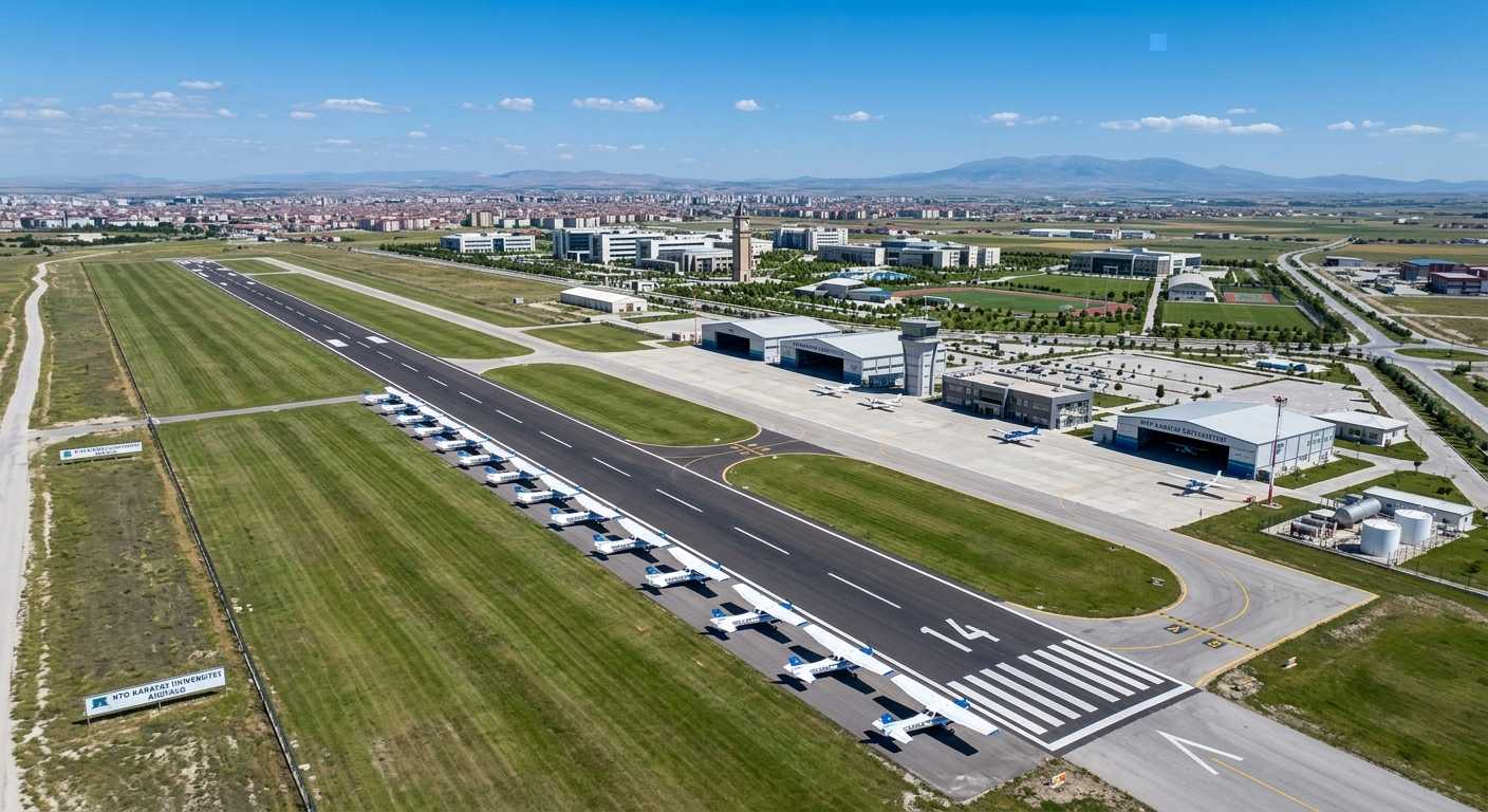 Aerial view of KTO Karatay University flight training airfield in Konya, Turkey, with training aircraft lined up on the runway, green grass strip alongside asphalt runway, clear blue sky, and university campus buildings visible in the distance