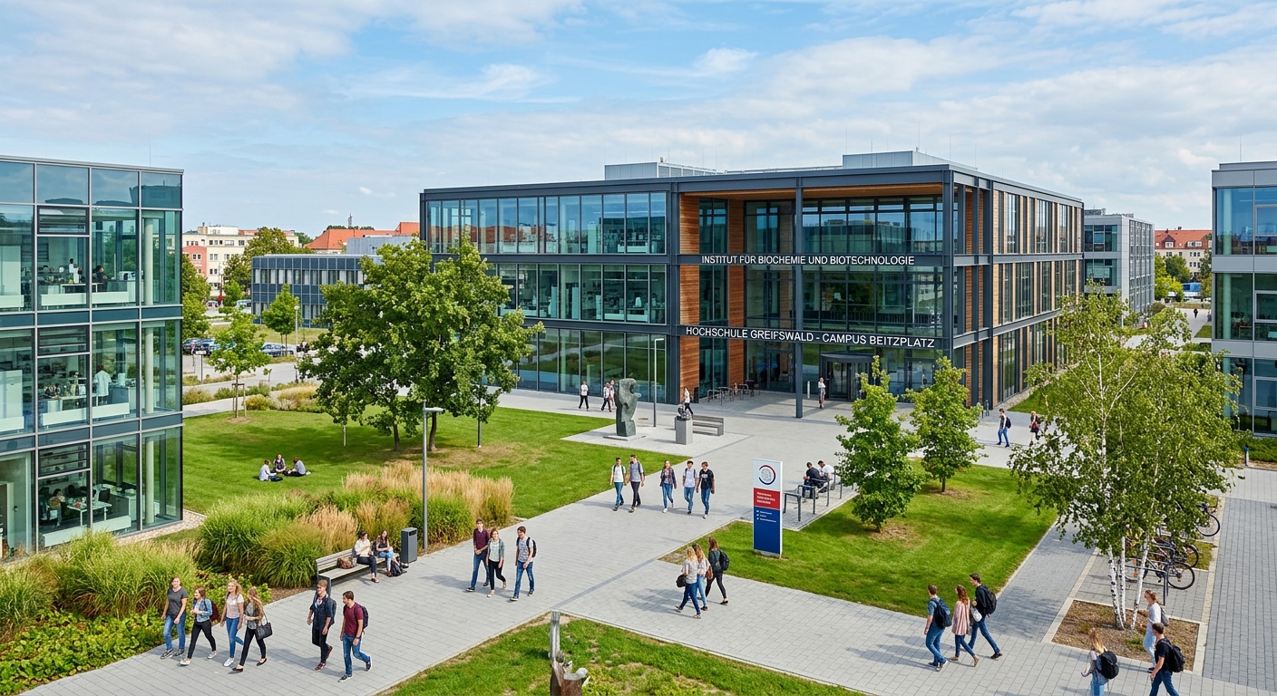 Modern Beitzplatz Science Campus at the University of Greifswald with contemporary glass and steel laboratory buildings, green lawns, and students walking between facilities