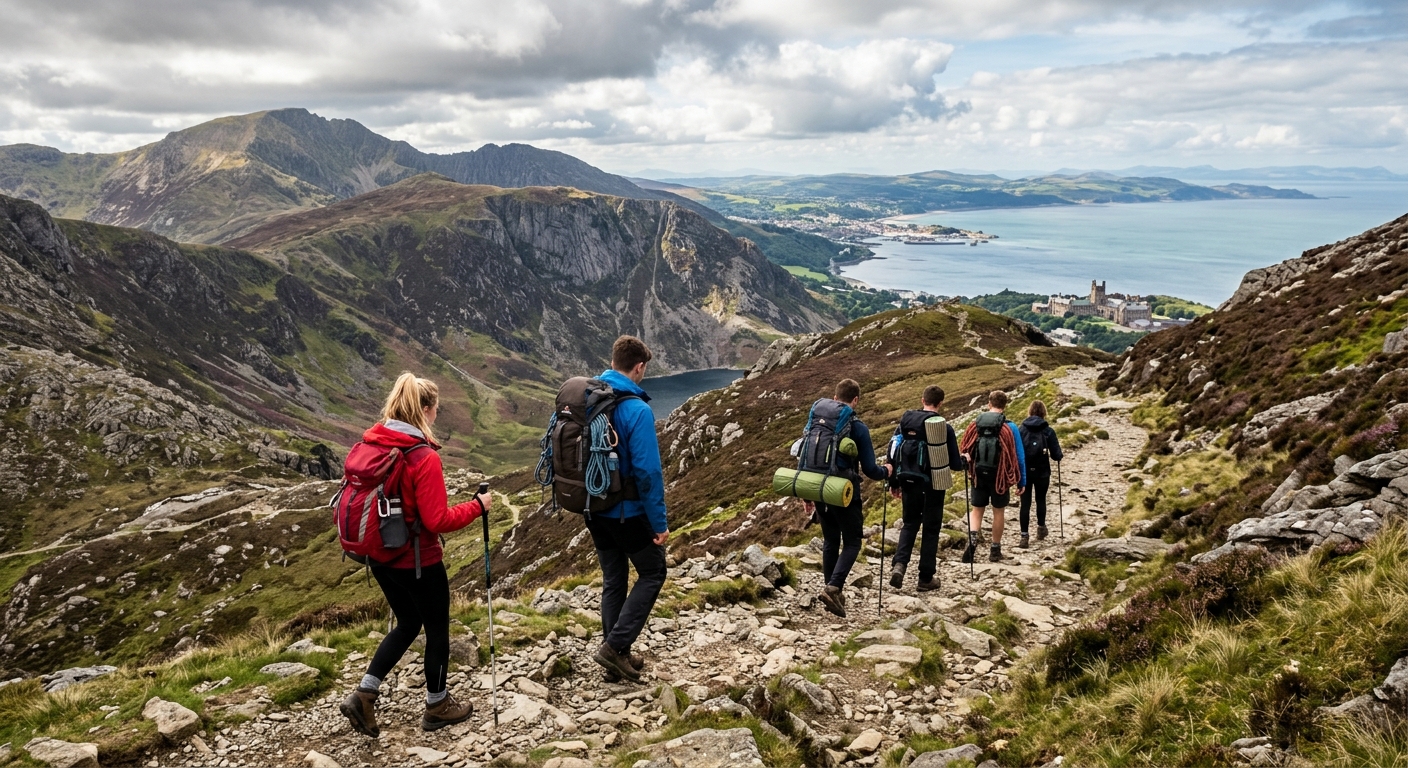 Students hiking through the mountains of Snowdonia National Park in North Wales with Bangor University campus visible in the distance, dramatic mountain landscape meeting the sea, adventure sport equipment visible