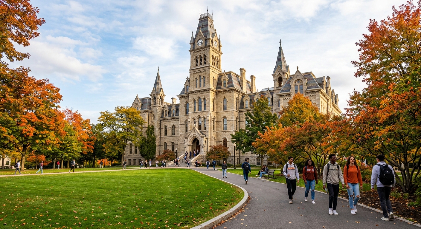 Syracuse University Hall of Languages historic stone building with Victorian Gothic architecture, green lawn in foreground, students walking on pathways, autumn foliage