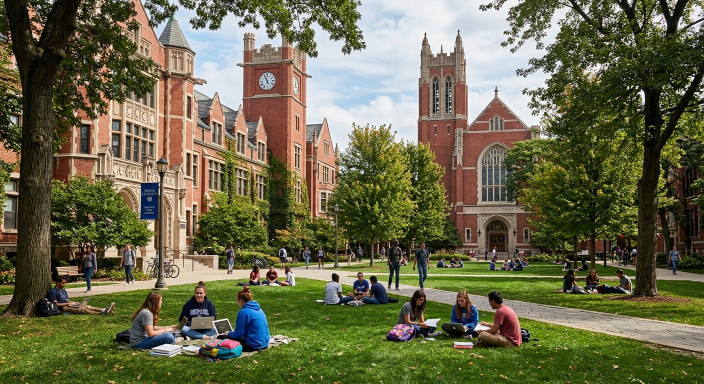 DePaul University Lincoln Park campus, red brick buildings with Gothic architectural details, green quad with students studying under mature trees, Richardson Library visible in background
