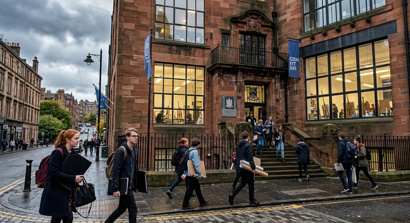 Glasgow School of Art campus building exterior with students carrying portfolios and art supplies, historic Garnethill neighborhood in Glasgow, overcast Scottish sky, creative atmosphere with large studio windows visible