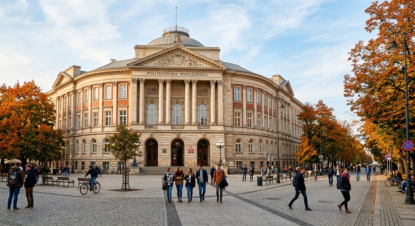 Warsaw University of Technology main building wide shot, neoclassical facade with columns, Plac Politechniki square in foreground, students walking, autumn trees, warm daylight