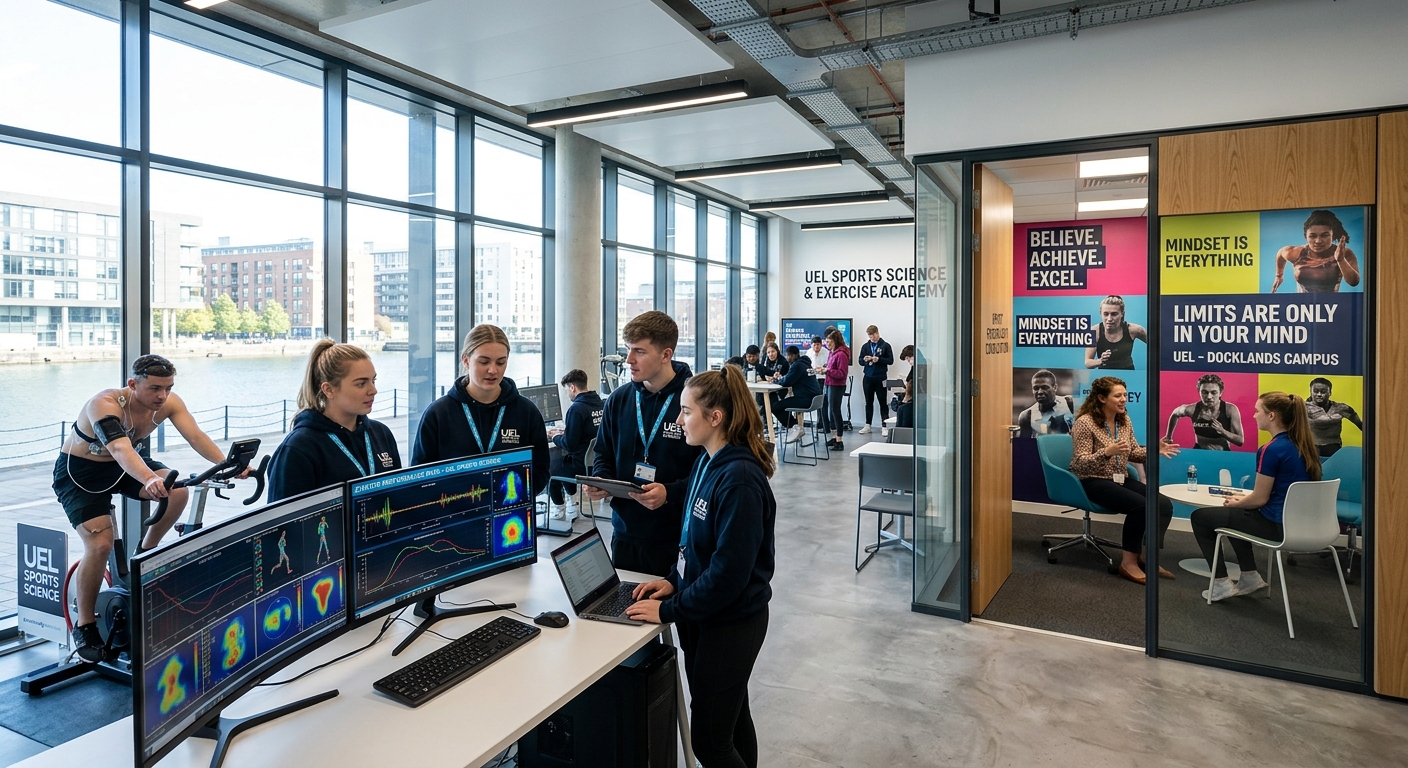 Modern sports science facility at University of East London Docklands Campus, students analyzing athlete performance data on screens, sport psychology consultation room with motivational wall displays, bright natural lighting through large windows