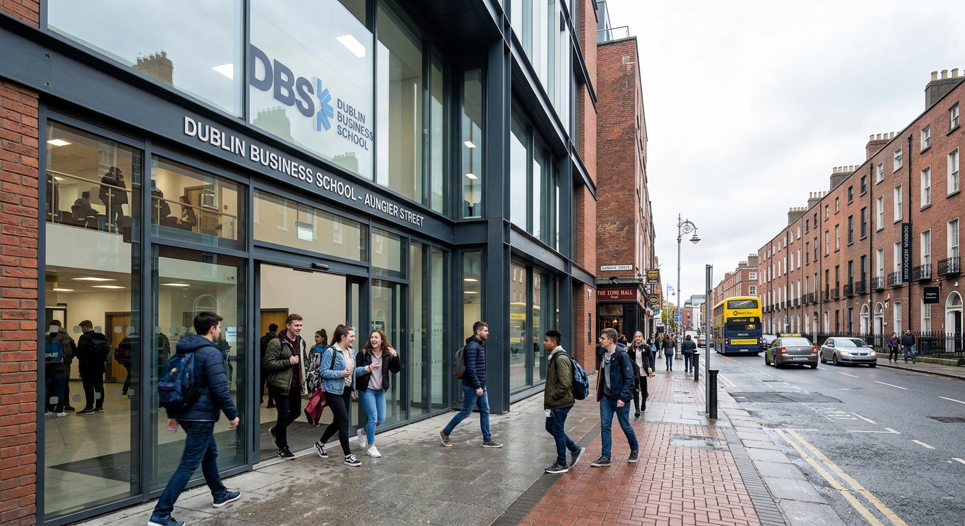 Modern Dublin Business School campus building on Aungier Street in Dublin city centre, with students walking through glass-fronted entrance, Georgian architecture visible in background, bright overcast Irish sky