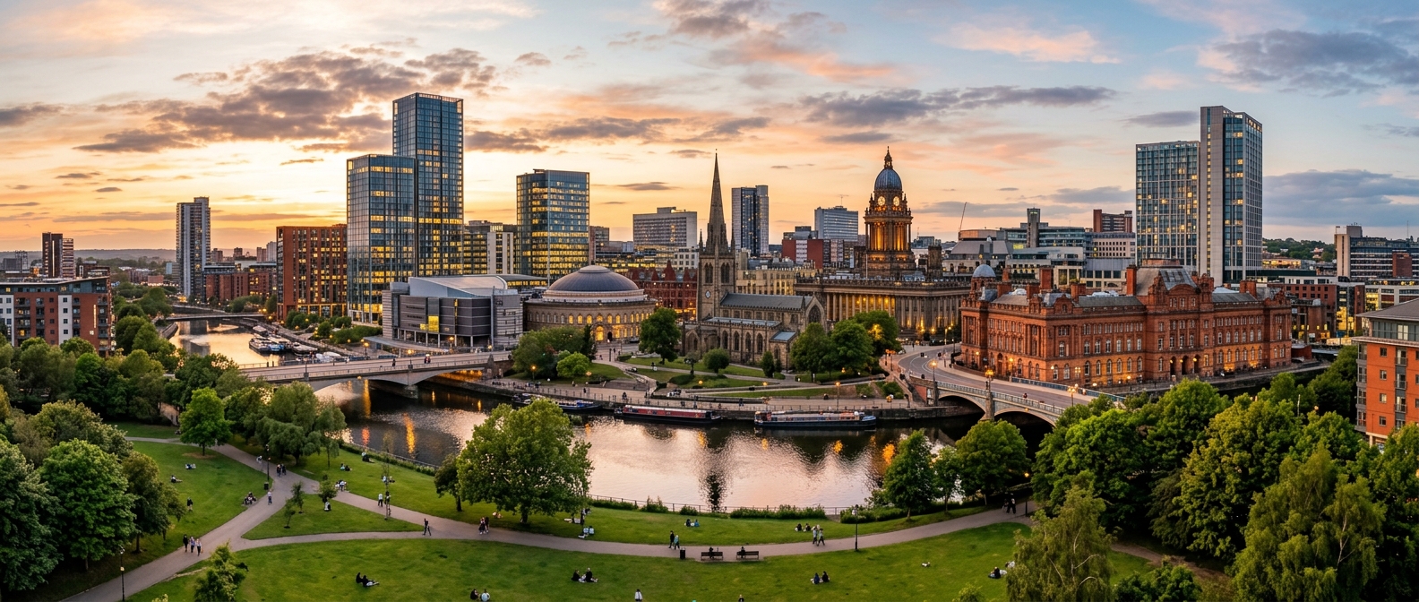 Panoramic view of Leeds city centre skyline at golden hour, showing modern glass towers, historic Victorian architecture, the River Aire, and green parkland in the foreground