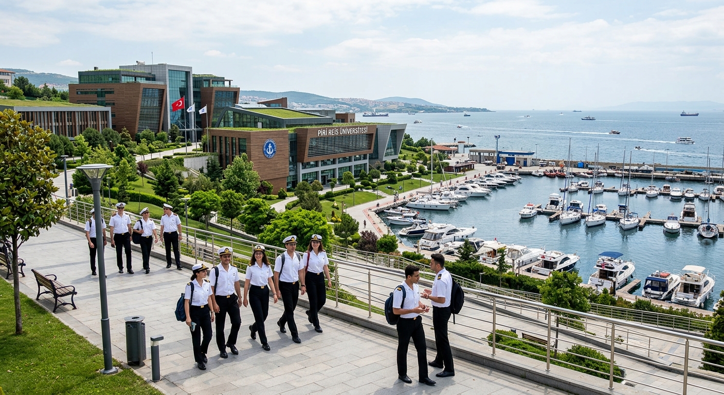Piri Reis University green campus in Tuzla Istanbul on the Marmara Sea coast, modern maritime university buildings with yachts and marina facilities visible, students in maritime uniforms walking along a seaside promenade
