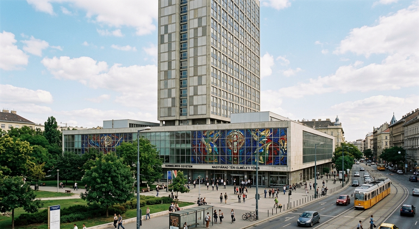Semmelweis University Theoretical Building (NET) at Nagyvarad ter, a tall modernist high-rise building housing research institutions, auditoriums, and student center, with Hungary's largest stained glass installations visible