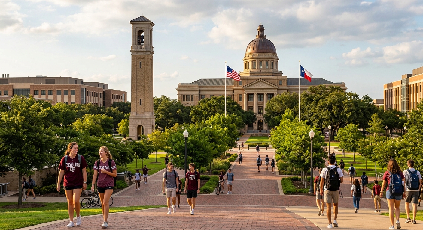 Texas A&M University College Station campus with the iconic Academic Building and Albritton Bell Tower, students walking along tree-lined pathways, warm Texas sunlight, engineering buildings in the background
