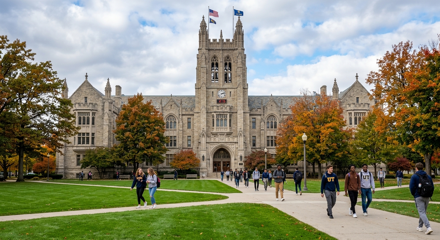University Hall at the University of Toledo, Collegiate Gothic limestone building with ornate arched windows, green lawn in foreground, students walking along tree-lined pathways
