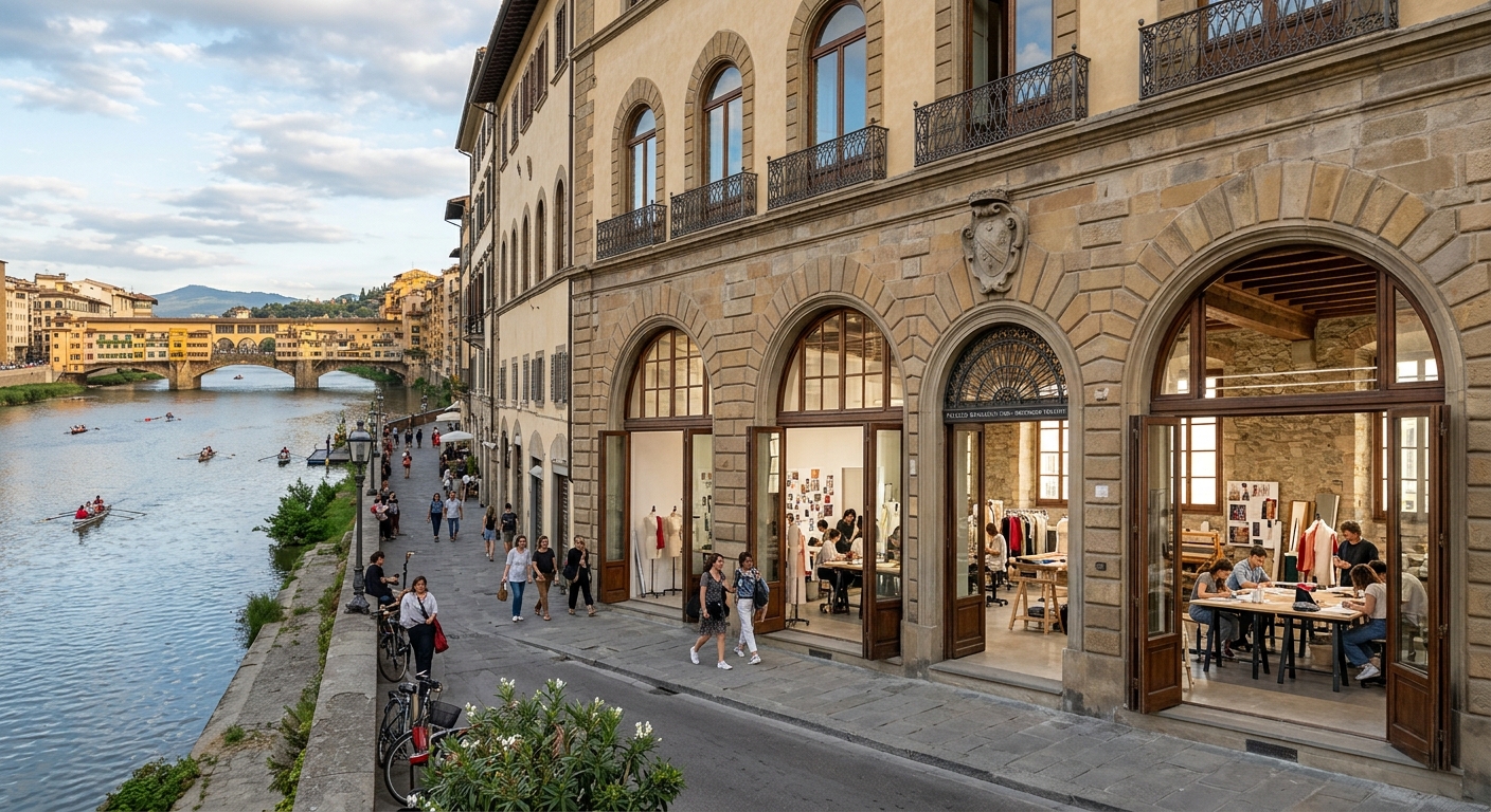 Palazzo Bargagli workshop space on Lungarno delle Grazie Florence, restored historic building along the Arno River, large windows with natural light, fashion and design workshops visible inside