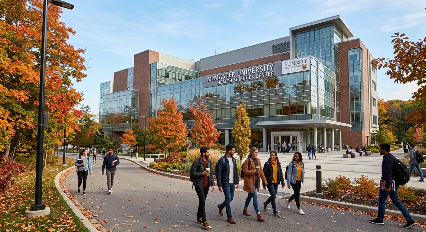 McMaster University Health Sciences Centre, a large modern building with glass facades and the McMaster medical school signage, students walking along tree-lined pathways in autumn