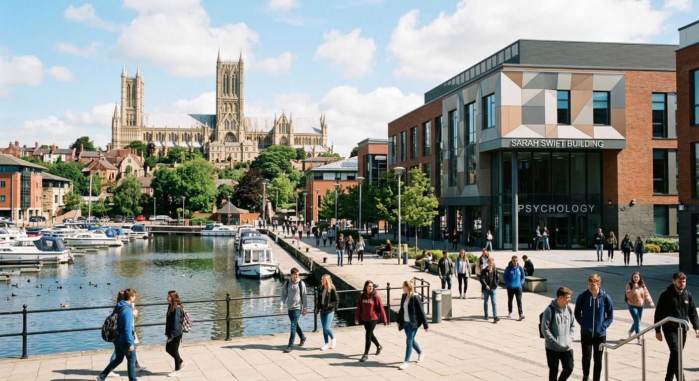 Modern university campus at University of Lincoln with the Sarah Swift Building for Psychology, students walking along Brayford Pool waterfront, historic Lincoln Cathedral visible in the background, bright daylight