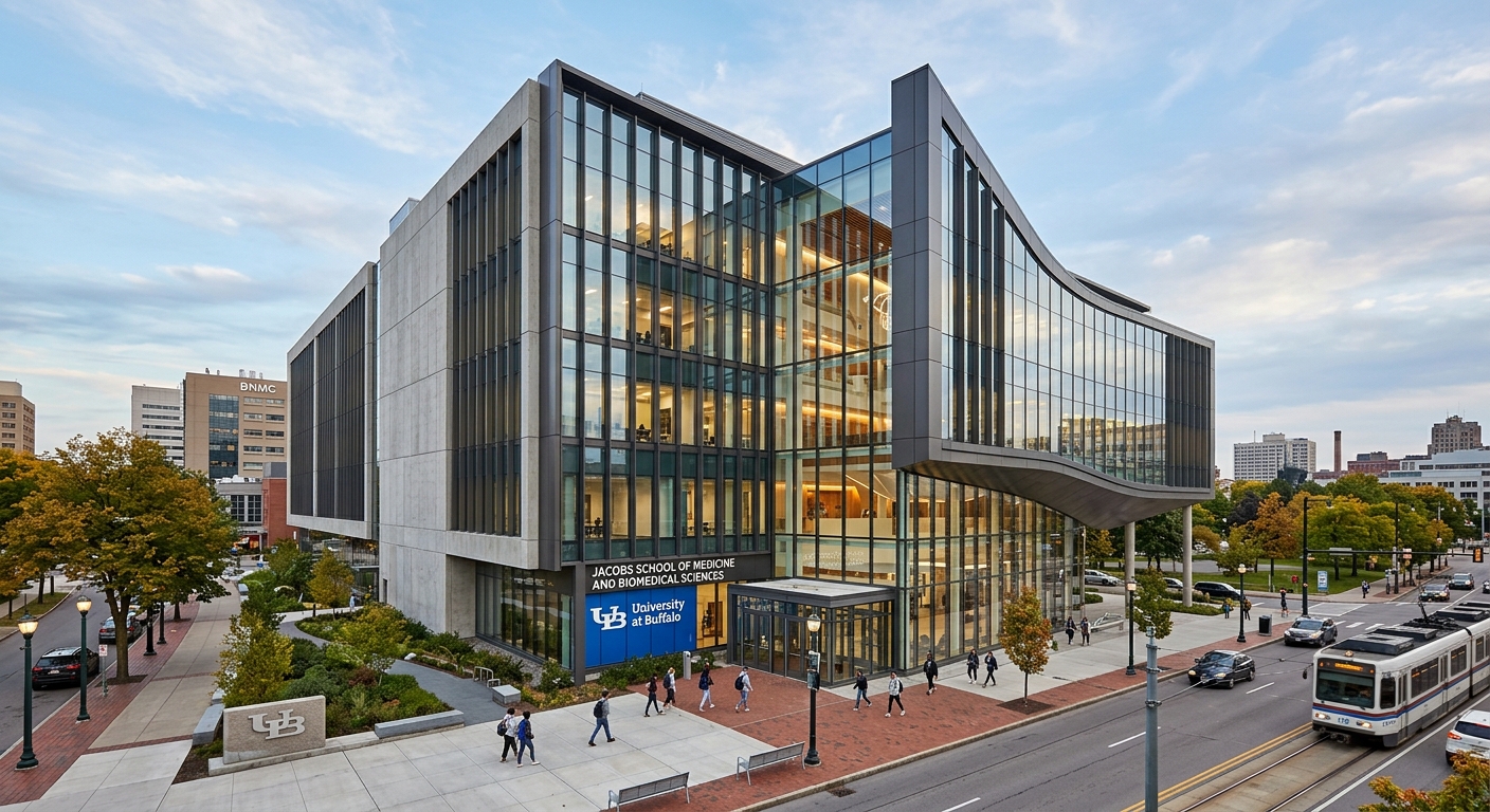 Jacobs School of Medicine and Biomedical Sciences modern glass building on UB Downtown Campus in Buffalo's medical corridor, contemporary architecture