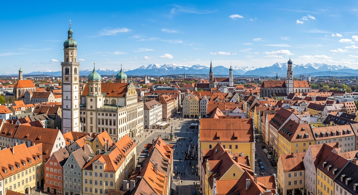 Augsburg city panoramic view showing historic Renaissance town hall, Perlachturm tower, colorful old town buildings, with Bavarian Alps visible in the distance under blue sky