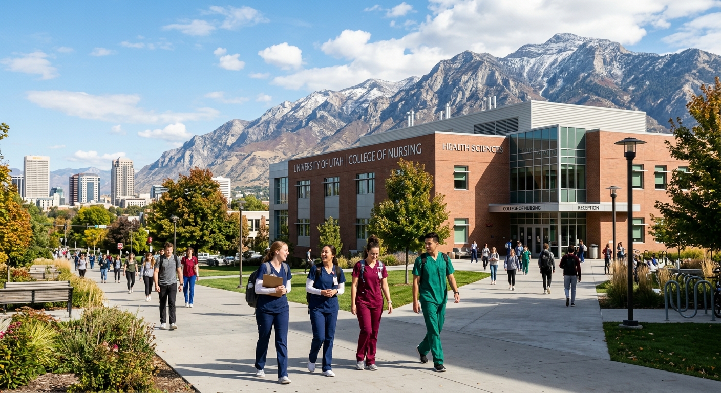 University of Utah College of Nursing building with Wasatch Mountains in background, students in scrubs walking across campus on a sunny day, Salt Lake City skyline visible in the distance