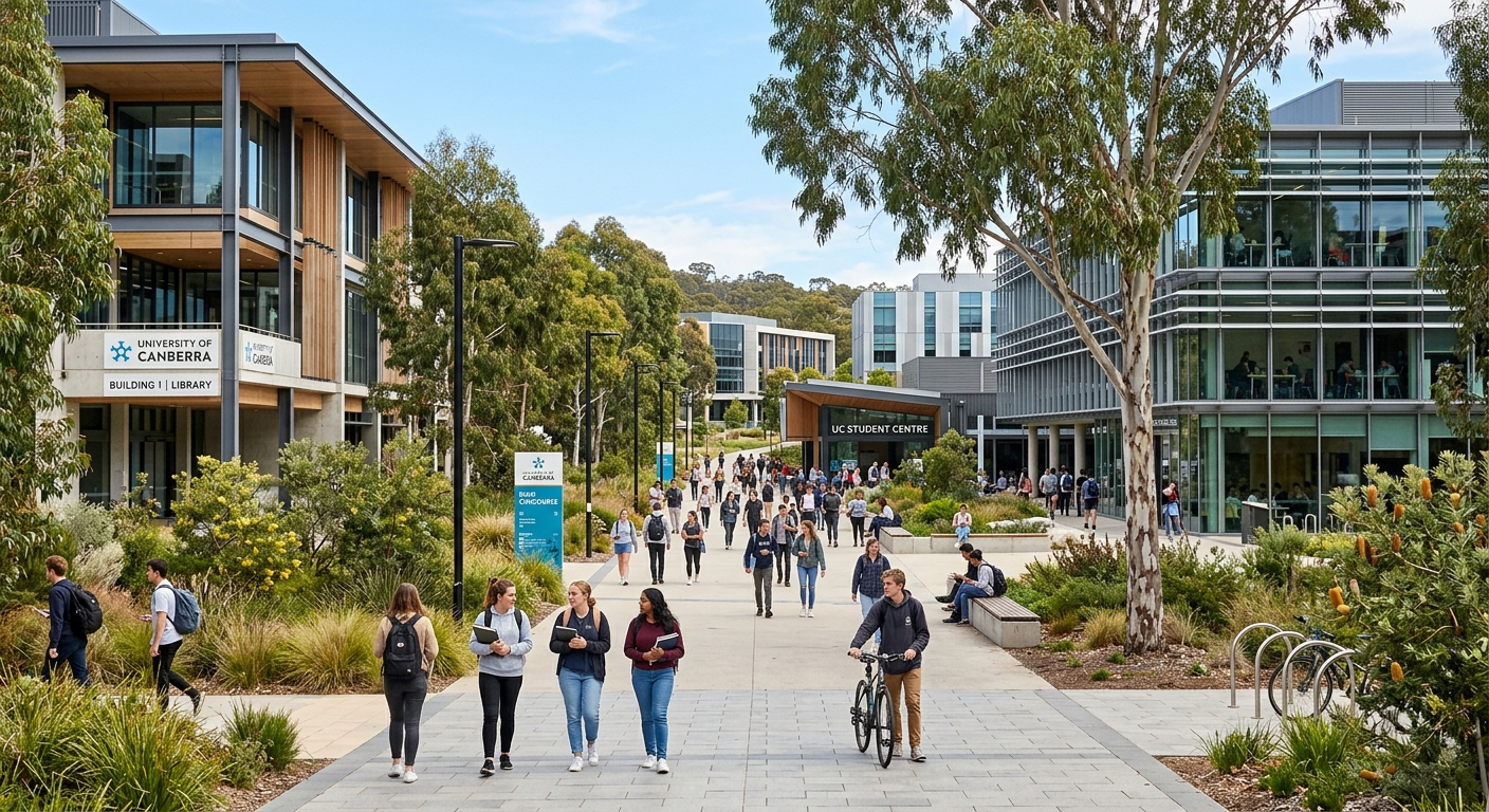 University of Canberra main concourse with modern academic buildings, students walking between classes, native landscaping and eucalyptus trees, bright sunny day