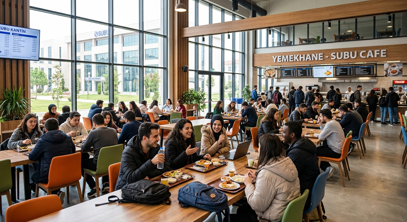 Campus dining hall and student social area at Sakarya University of Applied Sciences, modern cafeteria interior with students gathered at tables, bright natural lighting