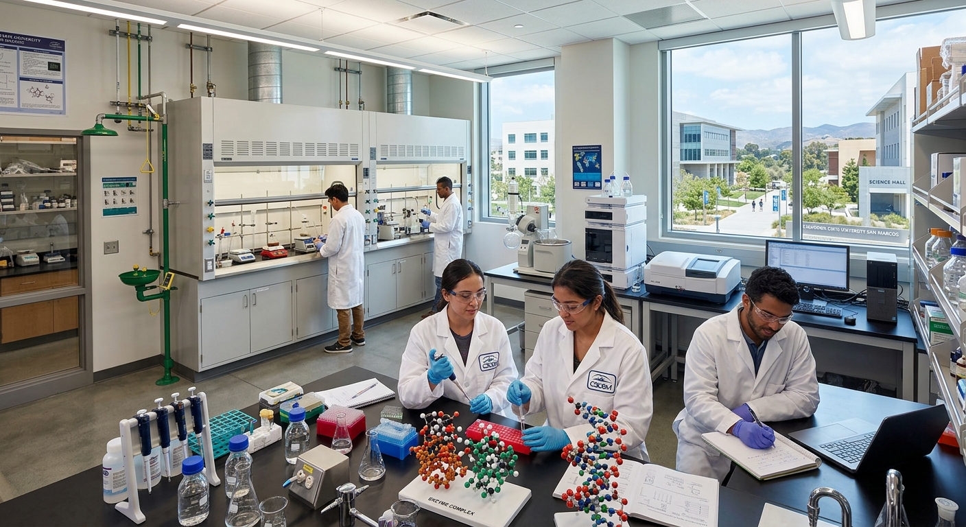 Modern science laboratory at California State University San Marcos with students conducting biochemistry experiments, molecular models on tables, fume hoods and analytical instruments visible, bright fluorescent lighting, suburban Southern California campus visible through windows