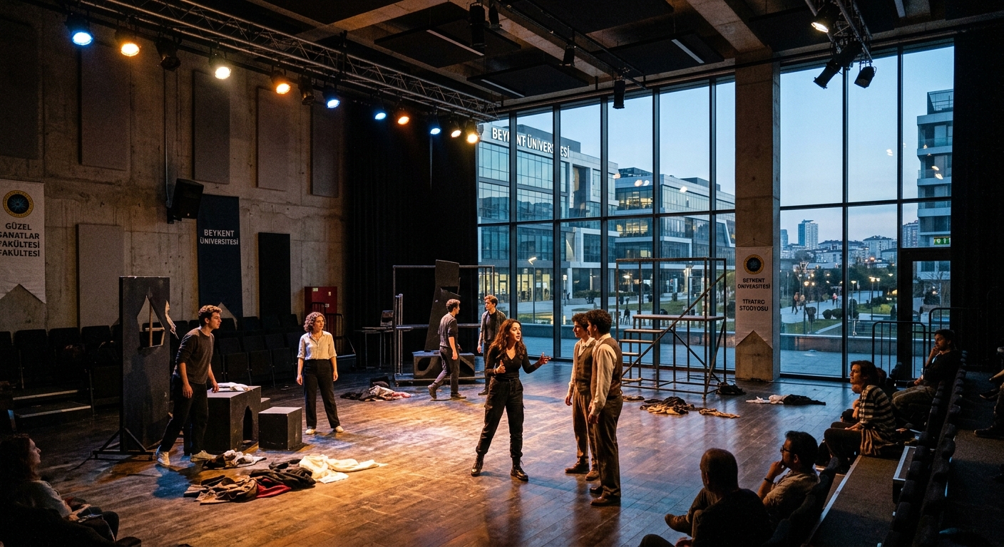 Beykent University Faculty of Fine Arts building in Istanbul, Turkey, with students rehearsing in a modern theatre studio, dramatic stage lighting, contemporary campus architecture visible through large windows