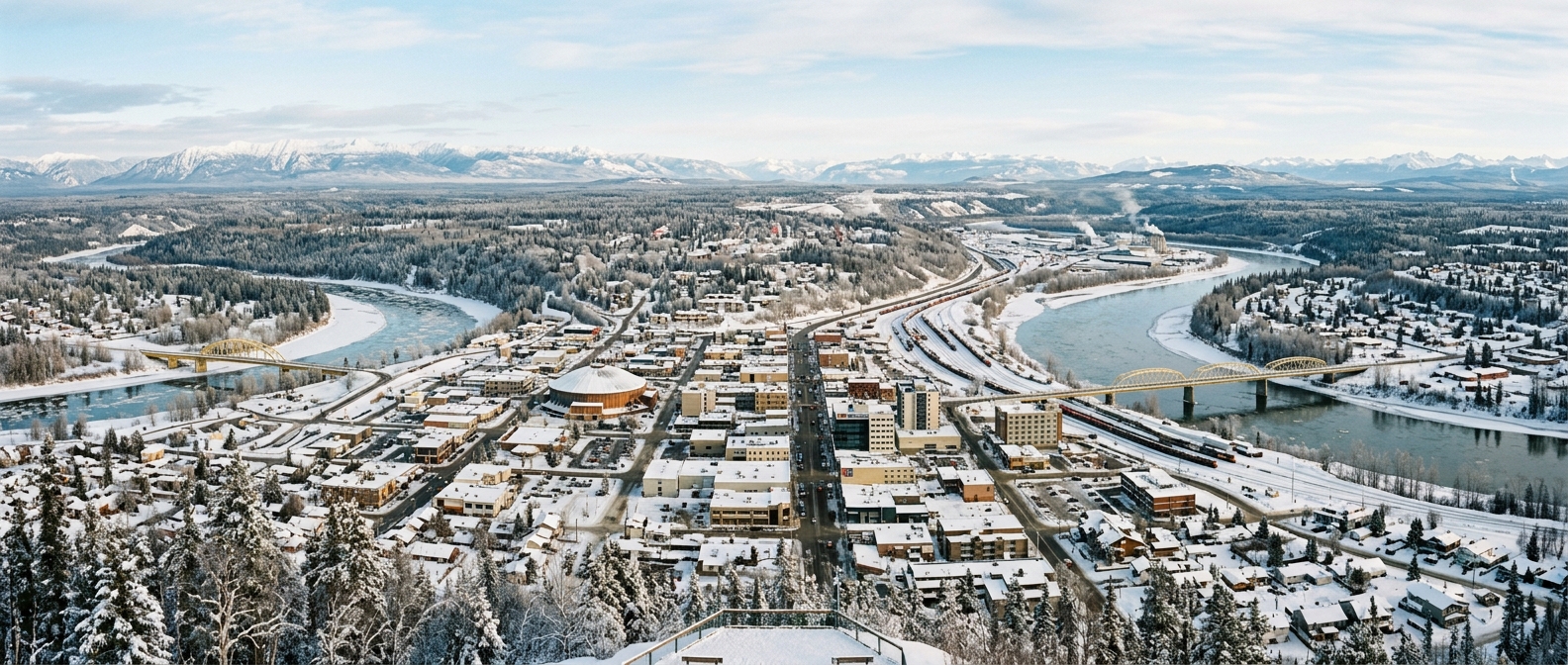 Panoramic view of Prince George city in northern British Columbia, confluence of the Fraser and Nechako rivers, downtown buildings surrounded by boreal forest, mountains in the background, winter light