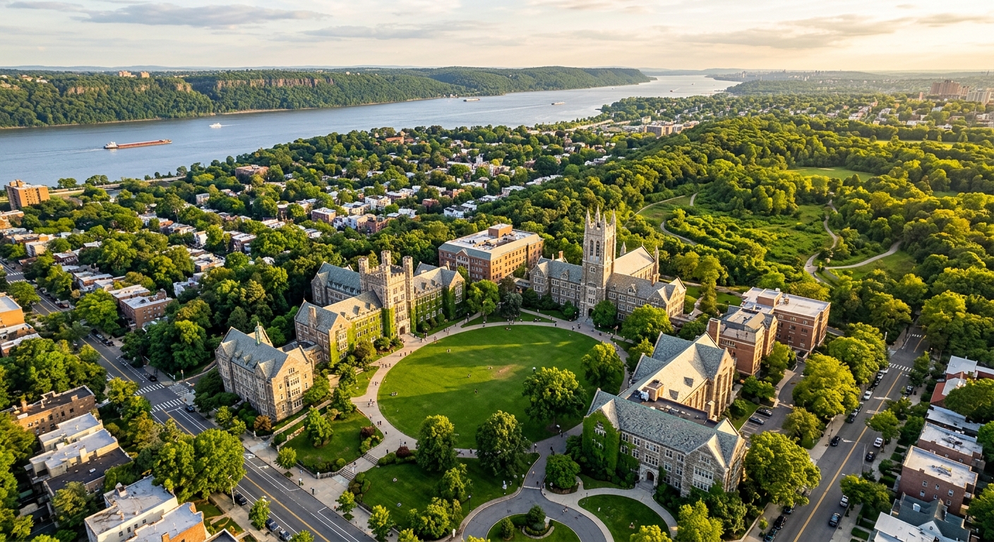 Manhattan University campus aerial view showing the Quad and historic stone buildings nestled in the Riverdale neighborhood of the Bronx, with Van Cortlandt Park greenery and the Hudson River visible in the background, golden afternoon light