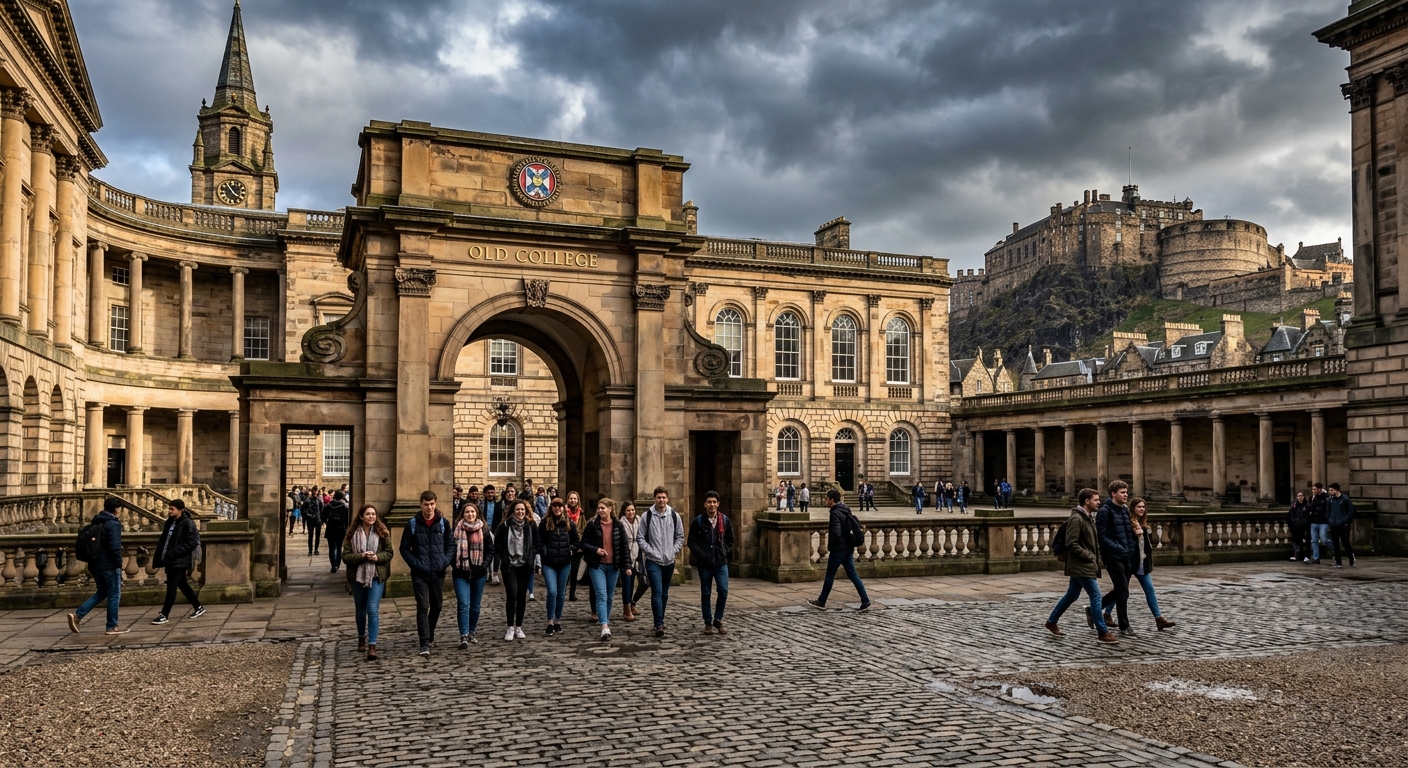 Historic University of Edinburgh Old College quadrangle with classical stone architecture, cobblestone courtyard, students walking under arched entrance, dramatic Scottish sky with Edinburgh Castle visible in background