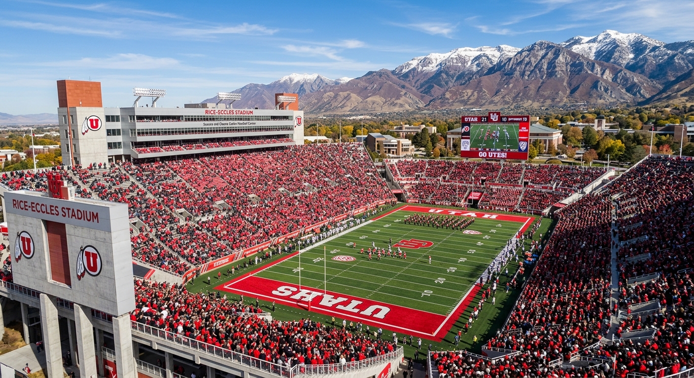 Rice-Eccles Stadium at the University of Utah, large outdoor football stadium with red seats, Wasatch Mountains visible in the background