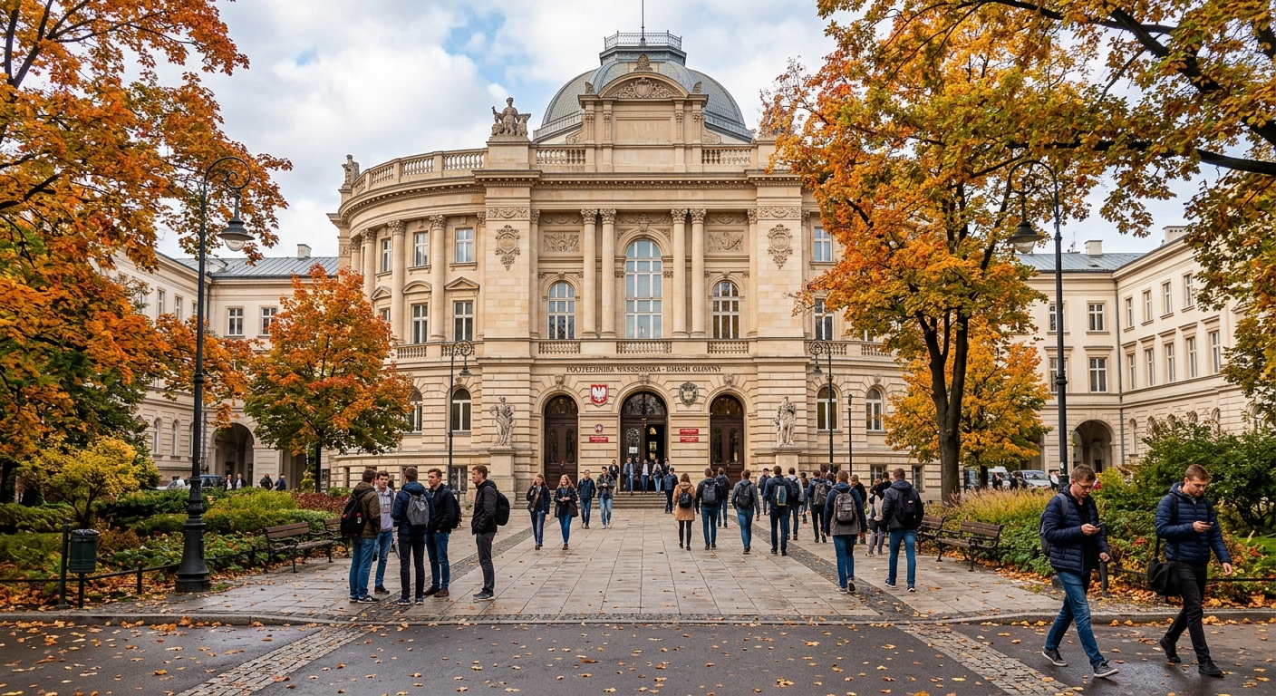 Modern campus building of Warsaw University of Technology with classical architecture, students walking through the main entrance area, autumn trees lining the courtyard in Warsaw, Poland
