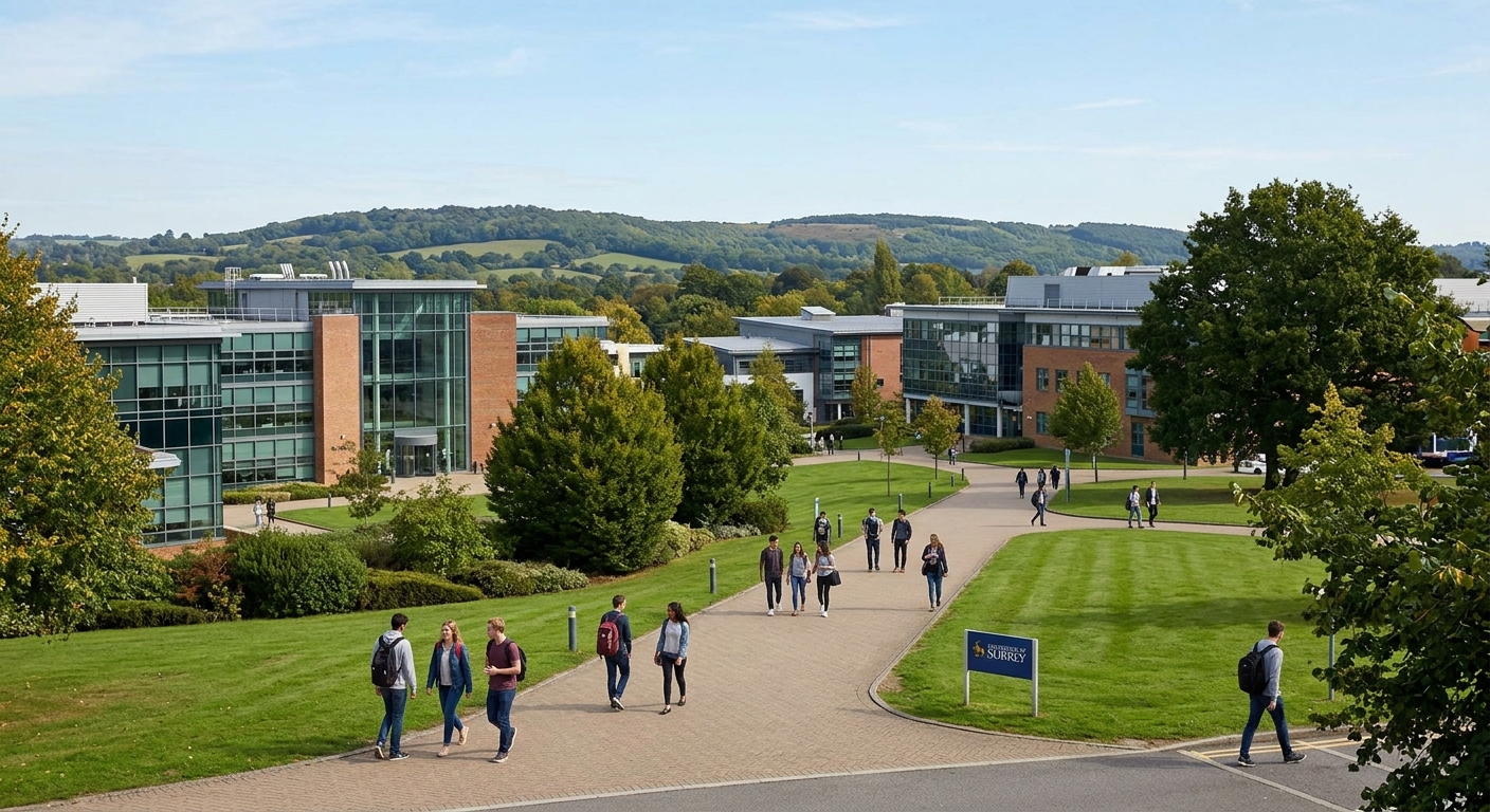 University of Surrey Stag Hill campus with modern academic buildings surrounded by green landscaped grounds, students walking along pathways, with the Surrey Hills visible in the background under a clear sky