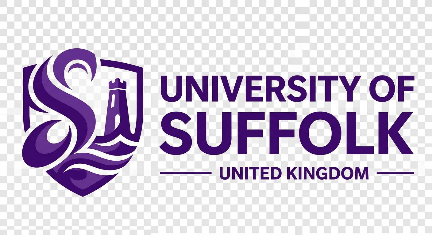University of Suffolk official logo, stylized text with purple and white color scheme on transparent background