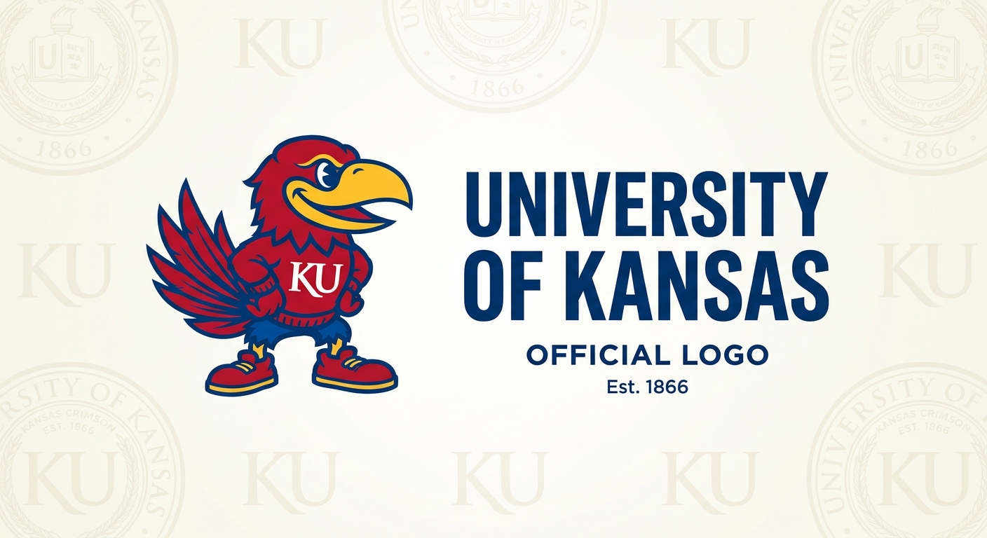 University of Kansas official logo featuring the KU Jayhawk mascot in crimson and blue with university name text