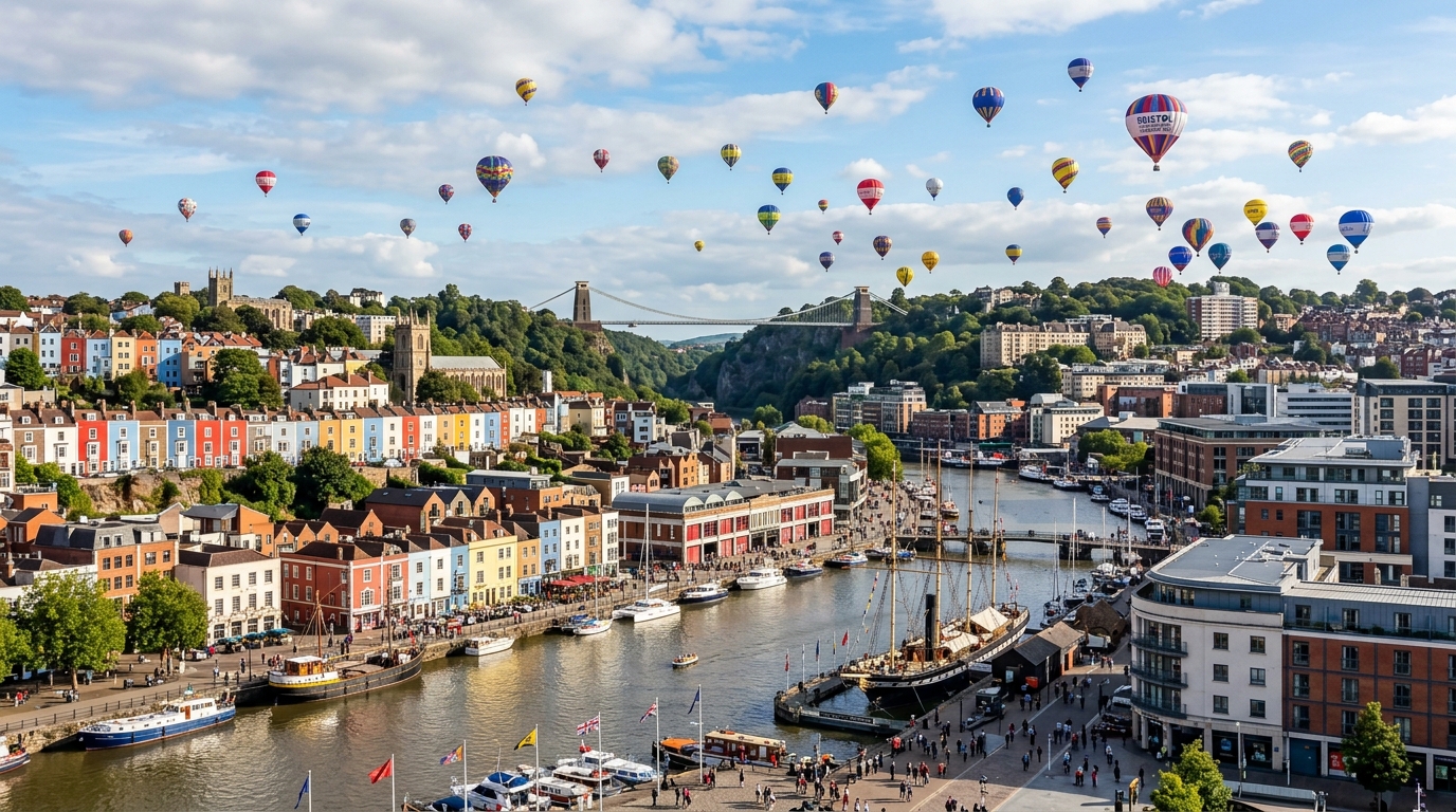 Bristol cityscape panorama showing the colourful harbourside, Clifton Suspension Bridge in the distance, hot air balloons in the sky, and a mix of historic and modern architecture along the waterfront
