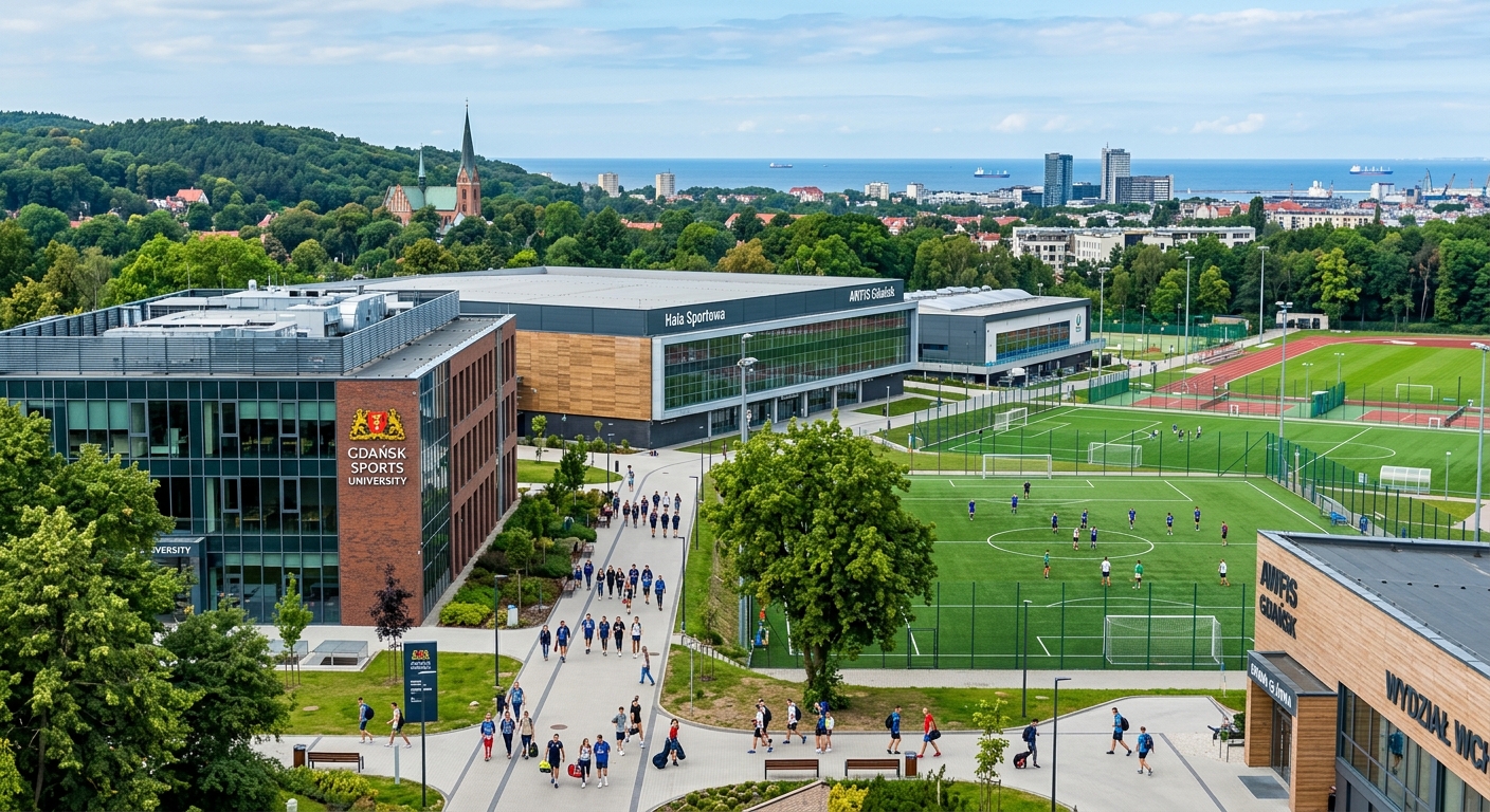 Modern sports university campus in Gdansk Oliwa district with green athletic fields, contemporary lecture buildings, students walking between sports halls and academic facilities, Baltic Sea coastal city in the background