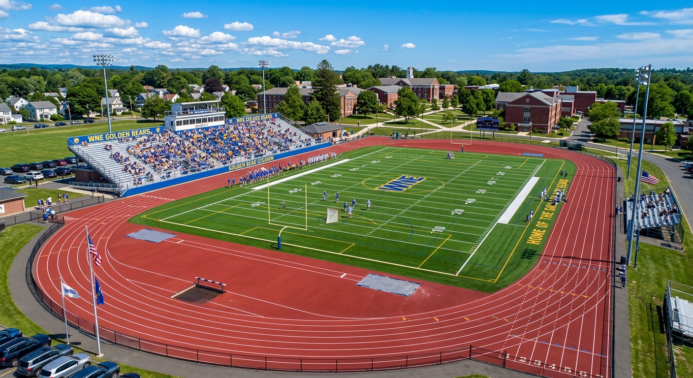 Golden Bear Stadium at Western New England University, 1,500-seat outdoor sports complex with green turf field, track surrounding field, blue sky overhead