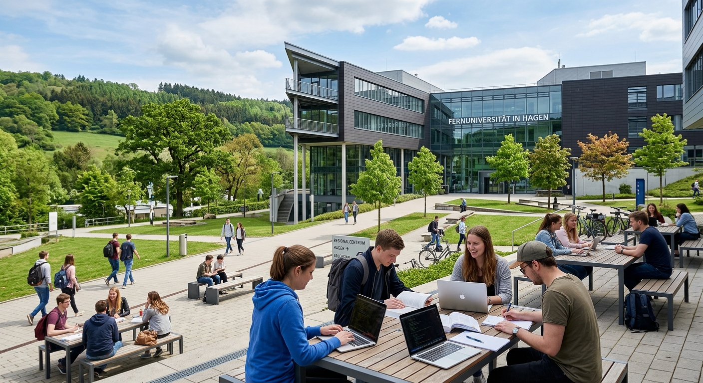 Modern FernUniversität in Hagen campus building with contemporary architecture surrounded by green landscape in North Rhine-Westphalia, Germany, students studying with laptops in an outdoor courtyard area