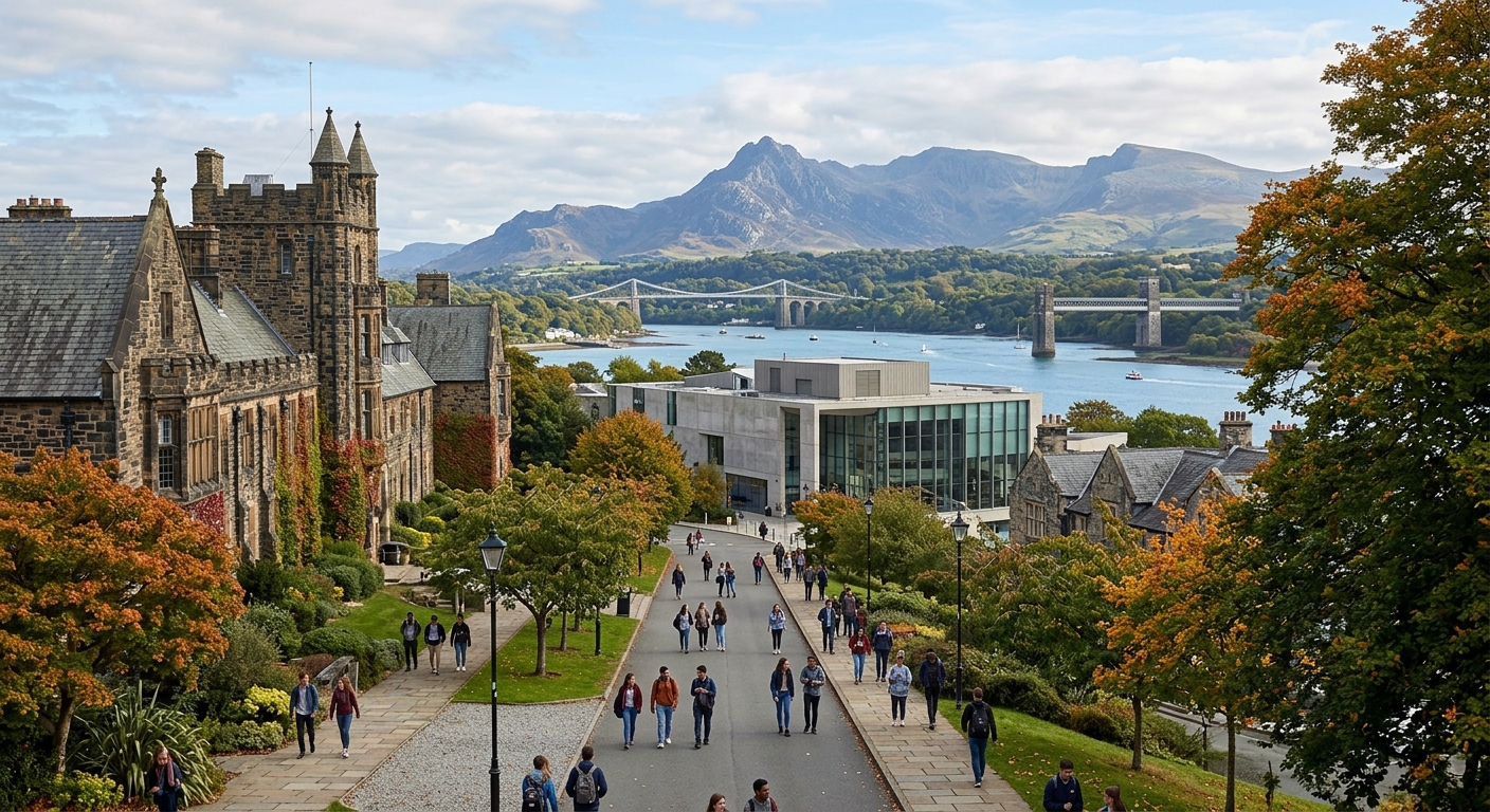 Bangor University campus with historic stone buildings nestled between Snowdonia mountains and the Menai Strait, students walking along tree-lined pathways with the Pontio Arts Centre visible in the background, North Wales coastal landscape under soft natural light