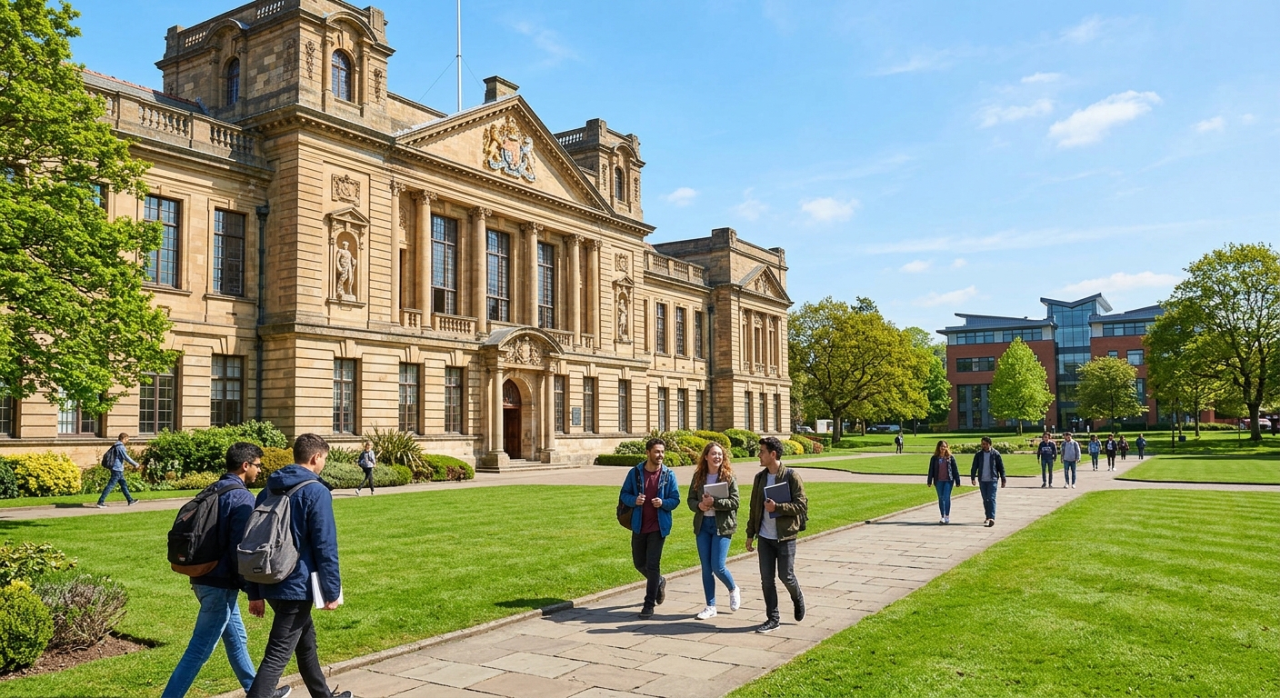 Cardiff University main building with Portland stone facade, students walking across campus grounds with green lawns, Cardiff Business School in the background, sunny day in Wales