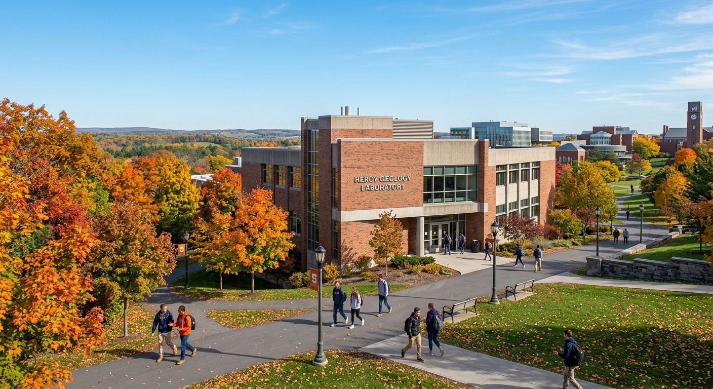 Heroy Geology Laboratory building at Syracuse University campus with autumn foliage, students walking on pathways, clear sky over central New York landscape