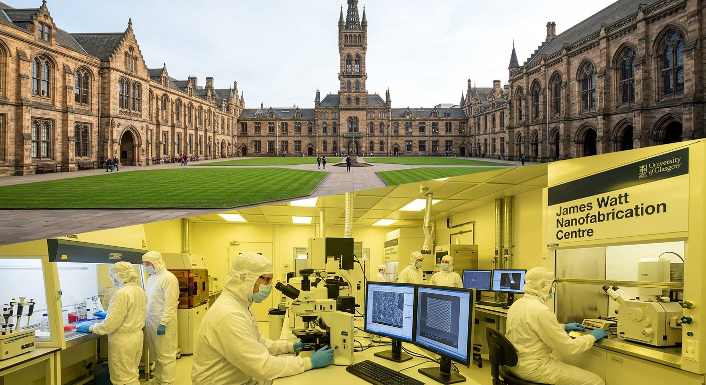 University of Glasgow historic Gothic revival main building with spire and quadrangle, James Watt Nanofabrication Centre cleanroom laboratory with advanced equipment, students in white lab coats working on nanotechnology experiments