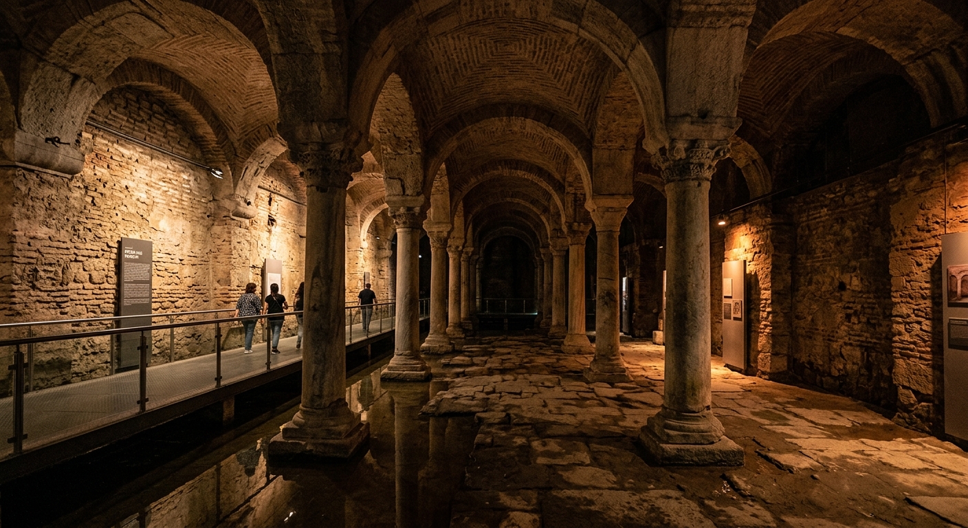 Rezan Has Museum interior at Kadir Has University showing ancient Byzantine cistern ruins with atmospheric lighting, stone arches and columns, underground archaeological space
