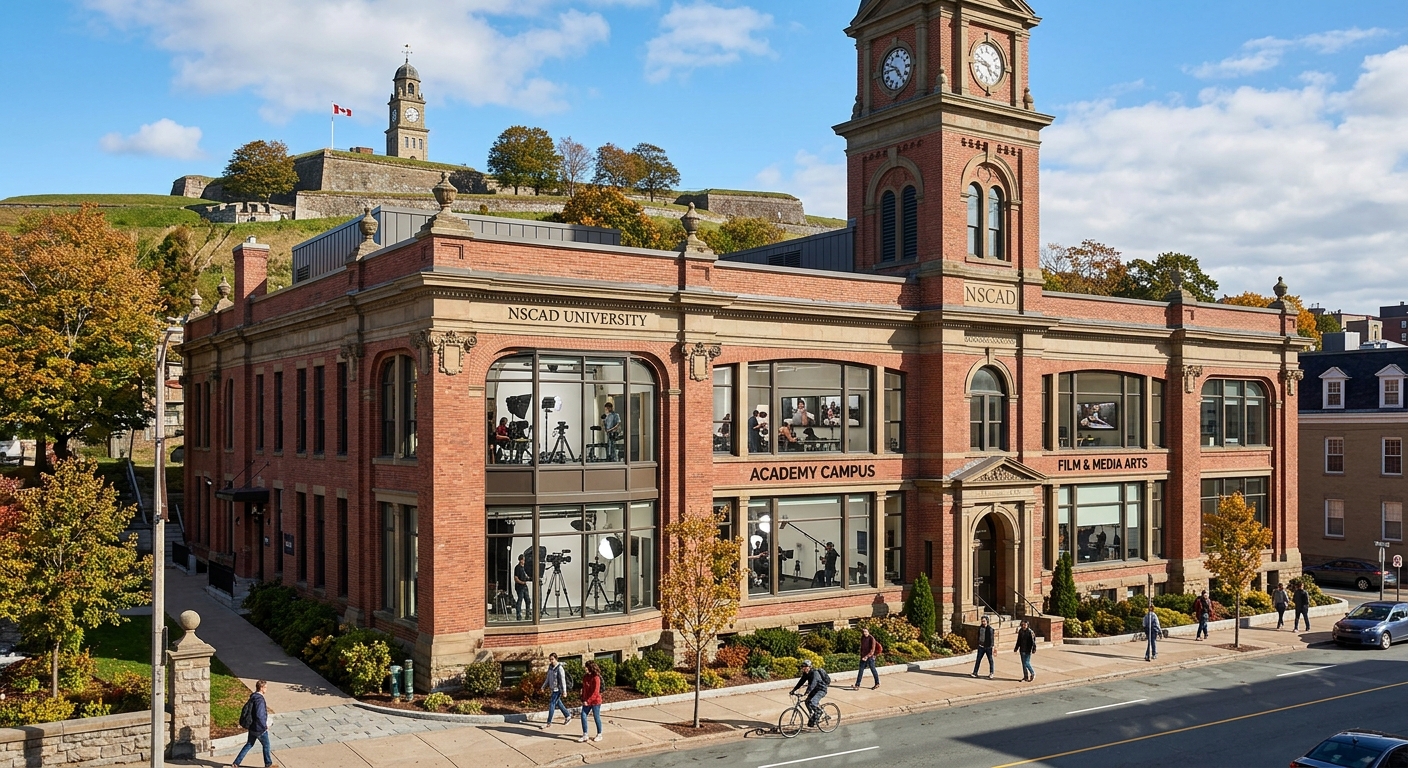 NSCAD Academy Campus building at the base of Citadel Hill in Halifax, restored heritage building with film and media arts equipment visible through windows